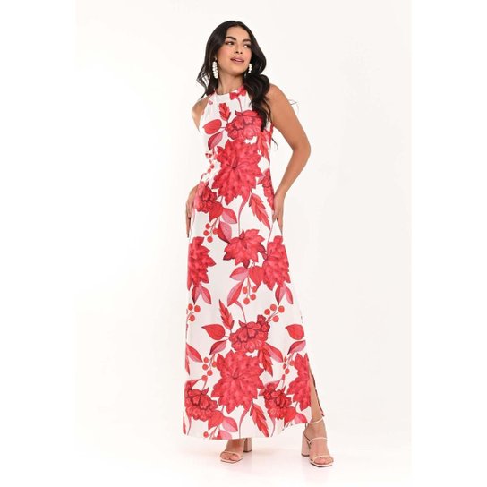 Vestido Bisô Longo Flores Estampado Vermelho/ Branco - Vermelho Menor preço em Vestido Bisô Longo Flores Estampado Vermelho/ Branco - Vermelho