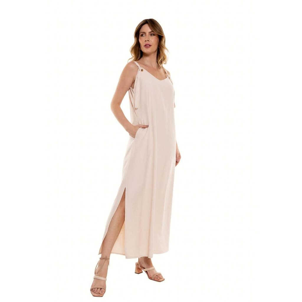 Vestido Bisô Longo Ilhós Liso Bege