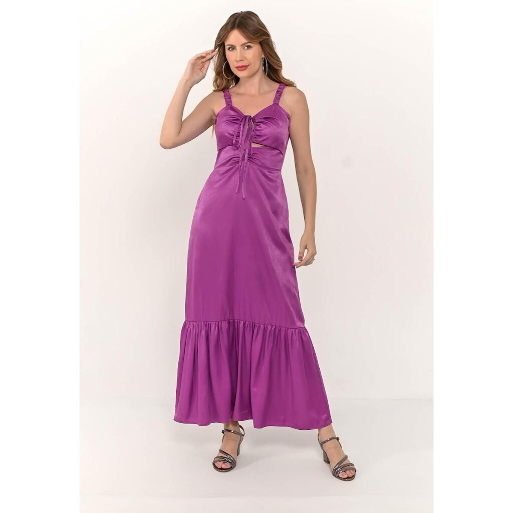Vestido Bisô Longuete Drapeado Liso Fúcsia