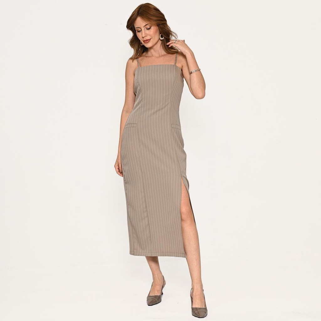 Vestido Bisô Midi Alfaiataria Risca de Giz Cinza