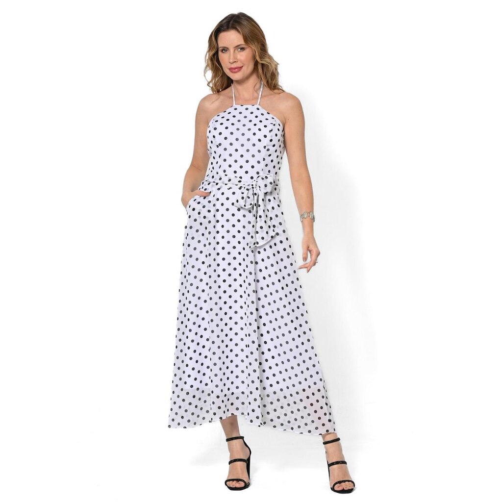 Vestido Bisô Midi Lastex Poá Branco