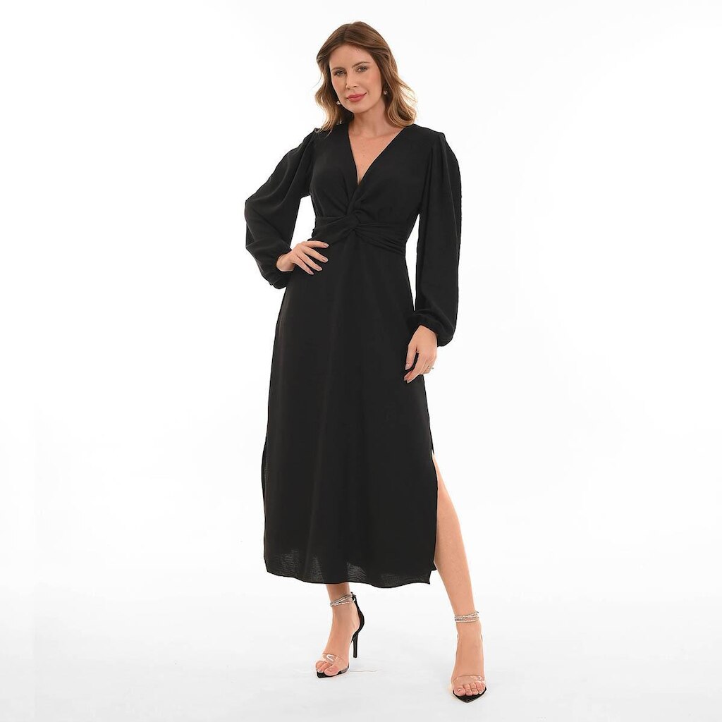 Vestido Bisô Midi Manga Longa Liso Preto