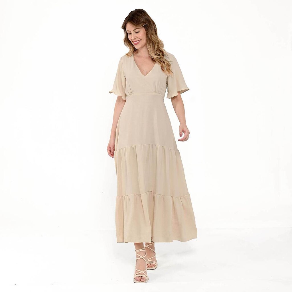 Vestido Bisô Midi Marias Liso Bege
