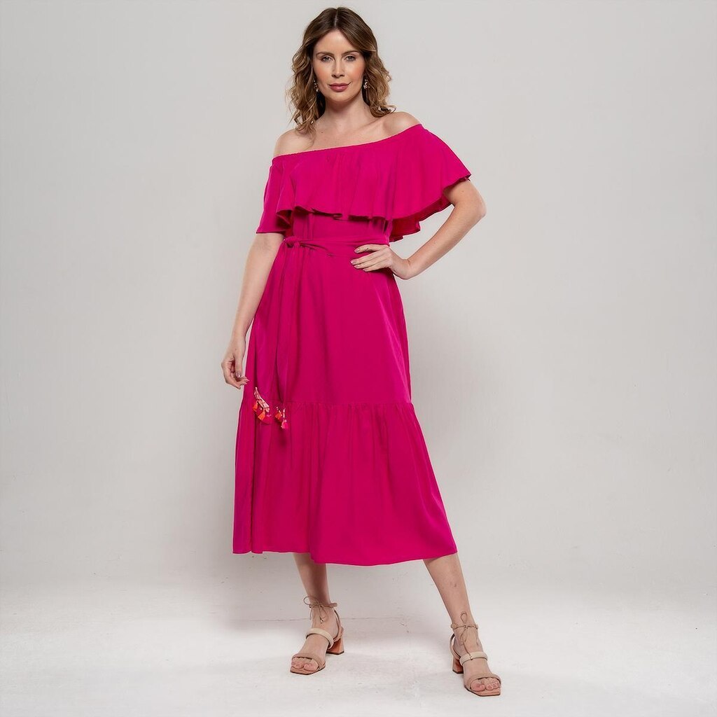 Vestido Bisô Midi Ombro a Ombro Liso