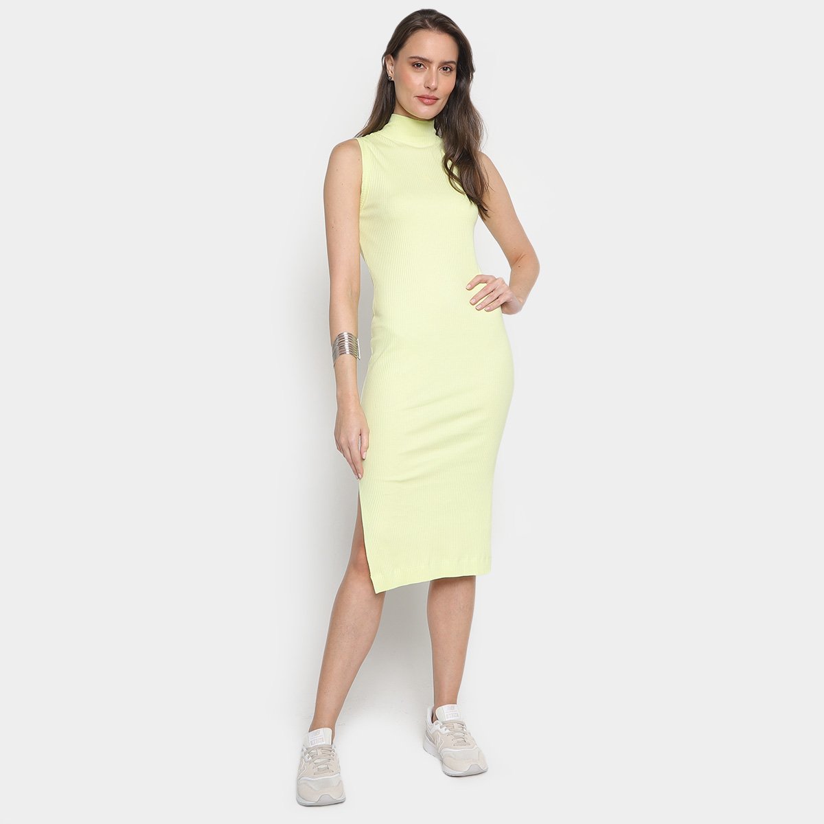 Vestido Calvin Klein Midi Gola Alta Ribana Menor preço em Vestido Calvin Klein Midi Gola Alta Ribana