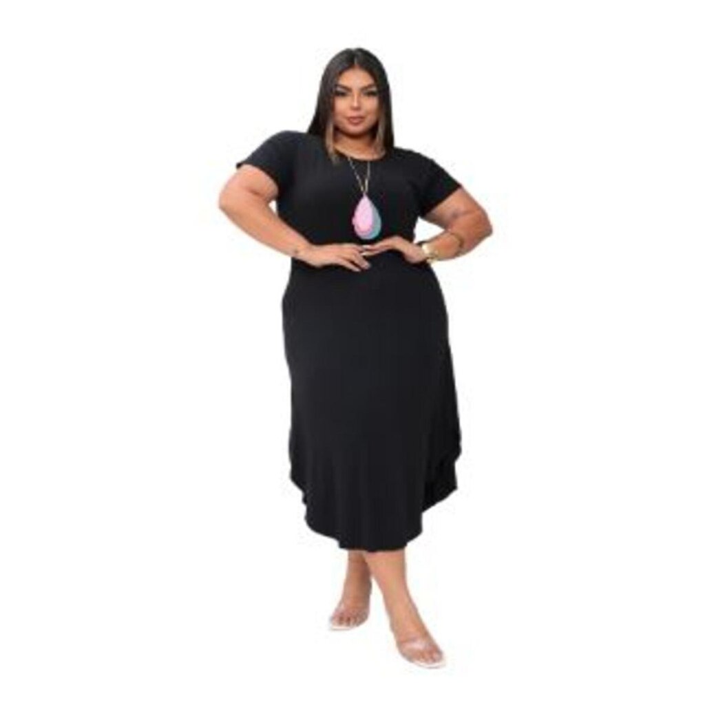 Vestido Camiseta Maxi Longo com Fendas Plus Size