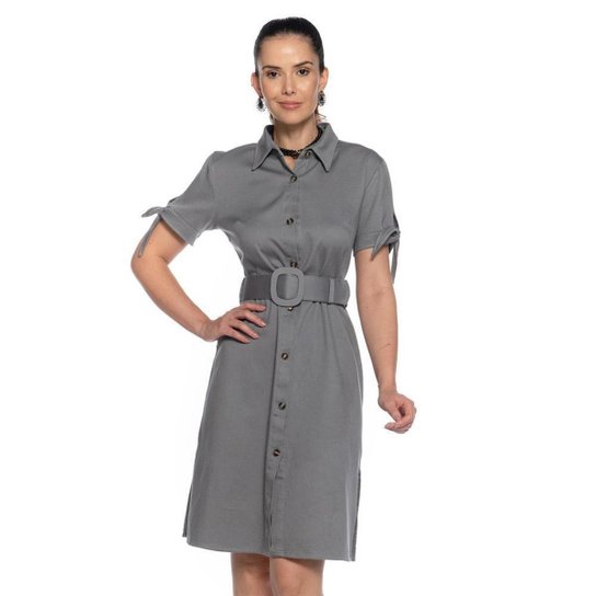 Vestido Chemise Feminino Acinturado Fenda Cinto Casual - Cinza Menor preço em Vestido Chemise Feminino Acinturado Fenda Cinto Casual - Cinza