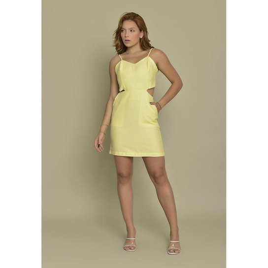 Vestido Curto com Alças e Fivela Dialogo Jeans Am - Amarelo Menor preço em Vestido Curto com Alças e Fivela Dialogo Jeans Am - Amarelo