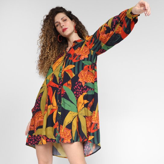 Vestido Curto Farm Chemise Onça Preguiça - Estampado Menor preço em Vestido Curto Farm Chemise Onça Preguiça - Estampado