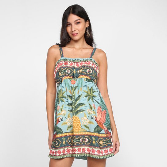 Vestido Curto Farm Samba das Araras Feminino - Verde+Rosa Menor preço em Vestido Curto Farm Samba das Araras Feminino - Verde+Rosa