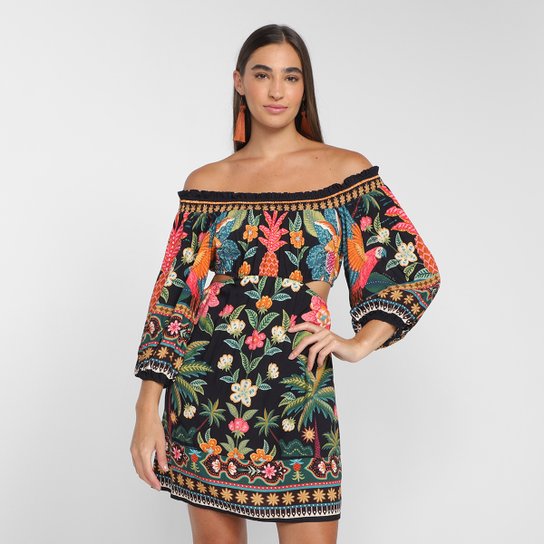 Vestido Curto Farm Samba das Araras - Estampado Menor preço em Vestido Curto Farm Samba das Araras - Estampado