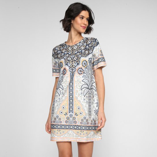 Vestido Curto Farm T-Shirt Tropicale - Marinho+Amarelo Menor preço em Vestido Curto Farm T-Shirt Tropicale - Marinho+Amarelo