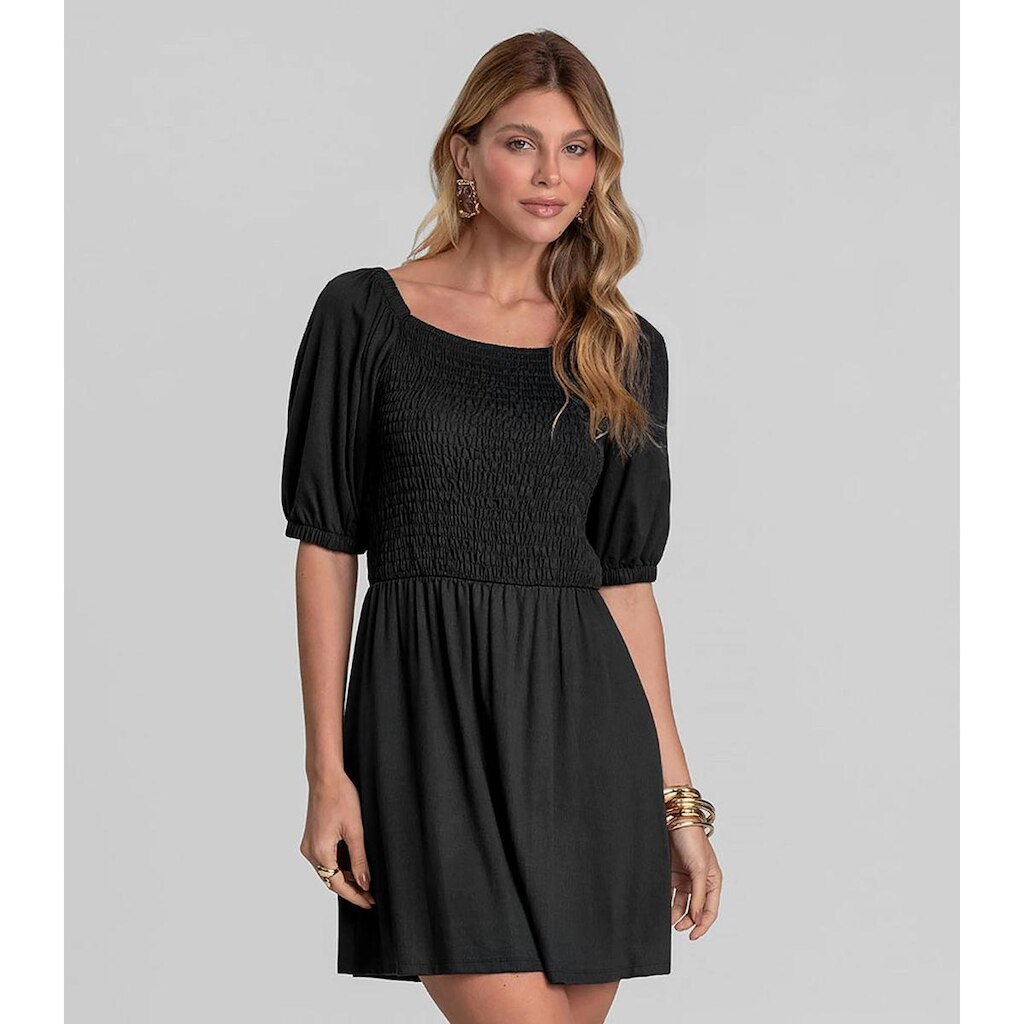 Vestido Curto Feminino em Visco Maquinetada Dianna Preto