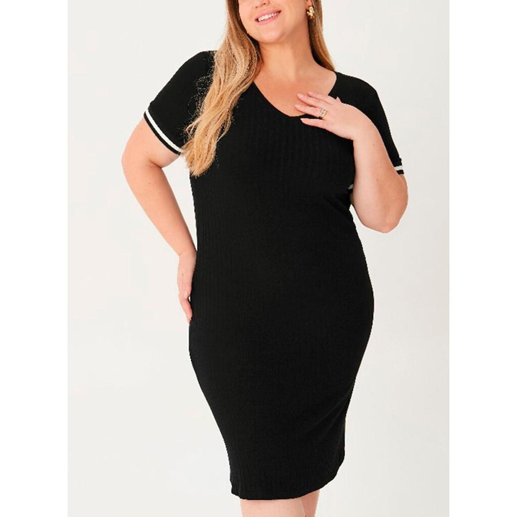 Vestido Curto Malwee 1000126673 Feminino Plus Size Decote V Canelado Viscose T. G1/G4