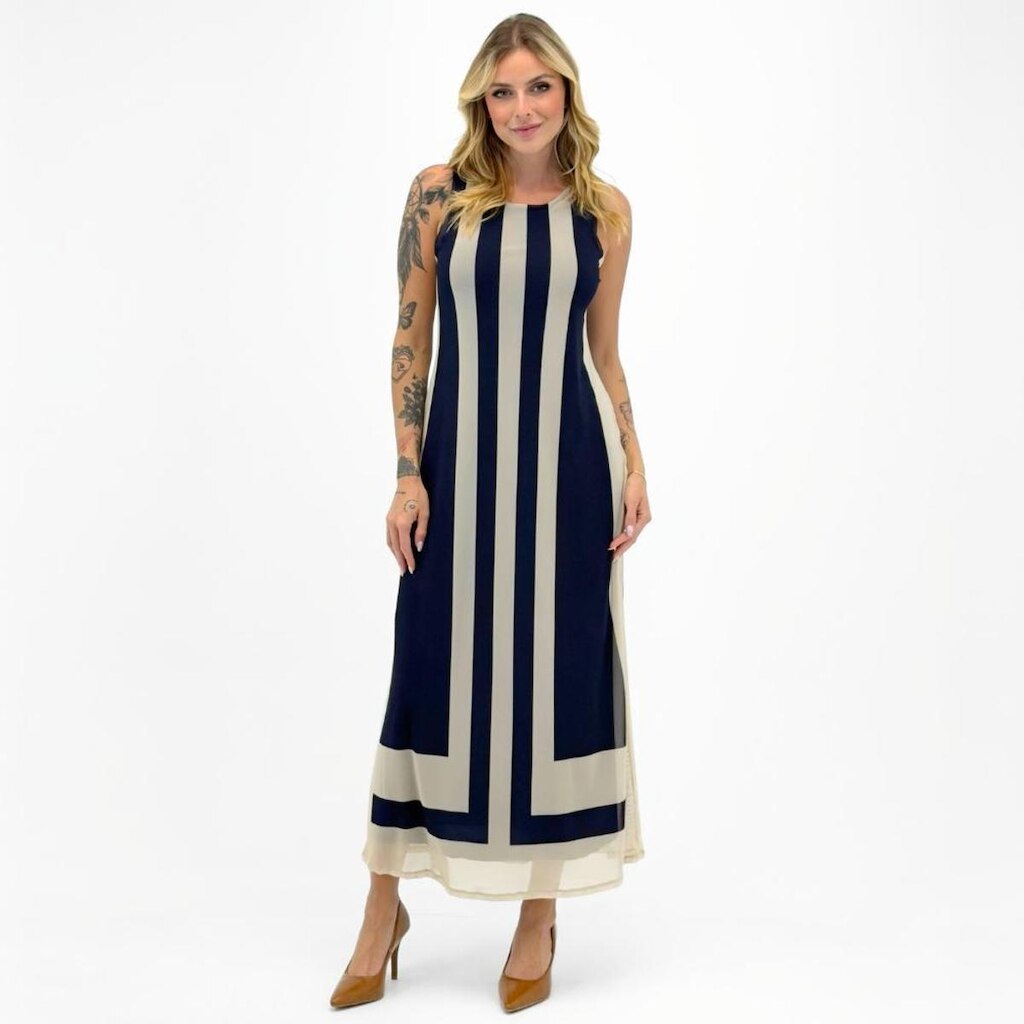 Vestido Doce Trama Longo Regata em Tule Estampado Feminino