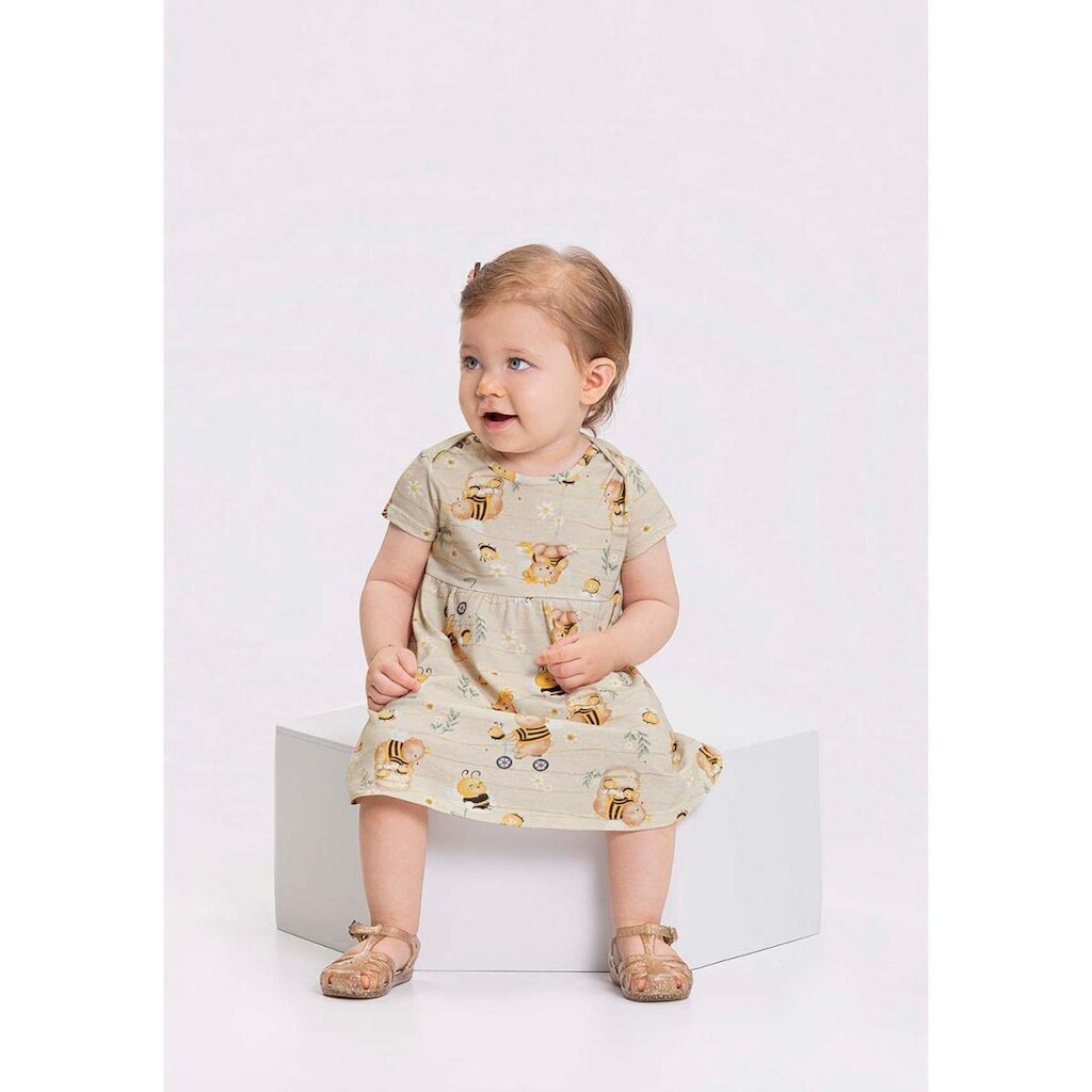 Vestido Estampado Infantil Mangas Curtas Algodão Penteado