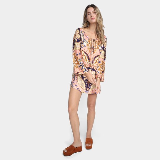 Vestido Farm Curto Beleza Boho Manga 3/4