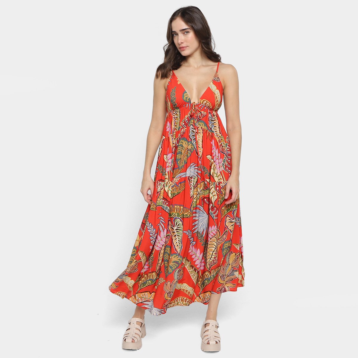 Vestido Farm Longo Folhagem Cool - Vermelho | Netshoes