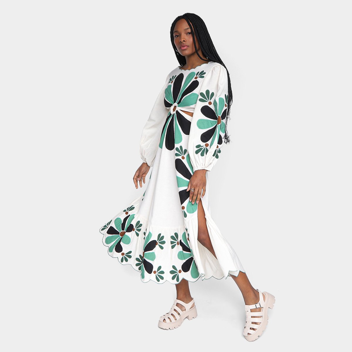 Vestido Farm Midi Bordado Campestre Manga 7/8 Menor preço em Vestido Farm Midi Bordado Campestre Manga 7/8