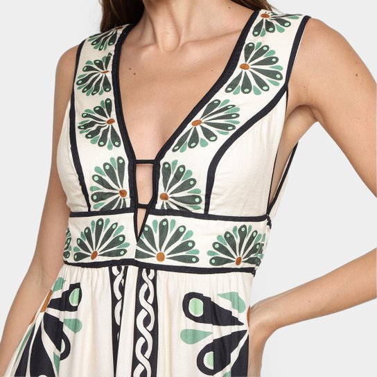 Vestido Farm Midi Florejo Off White+Verde Netshoes