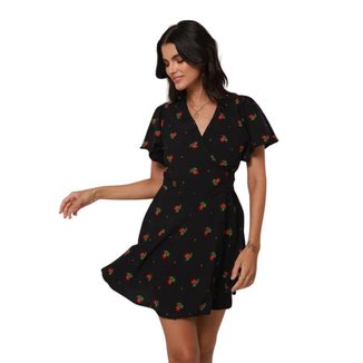 Vestido Feminino Envelope Floral Transpassado Manga Curta Romântico Verão