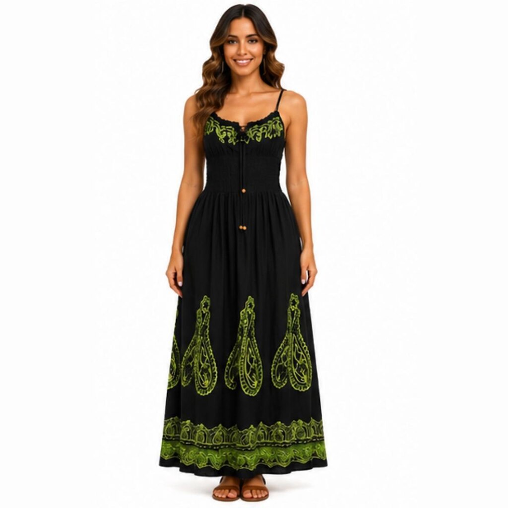 Vestido Feminino Longo de Alça com Lastex Estilo Boho Indiano