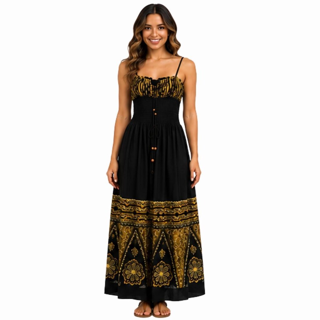 Vestido Feminino Longo de Alça com Lastex Estilo Boho Indiano