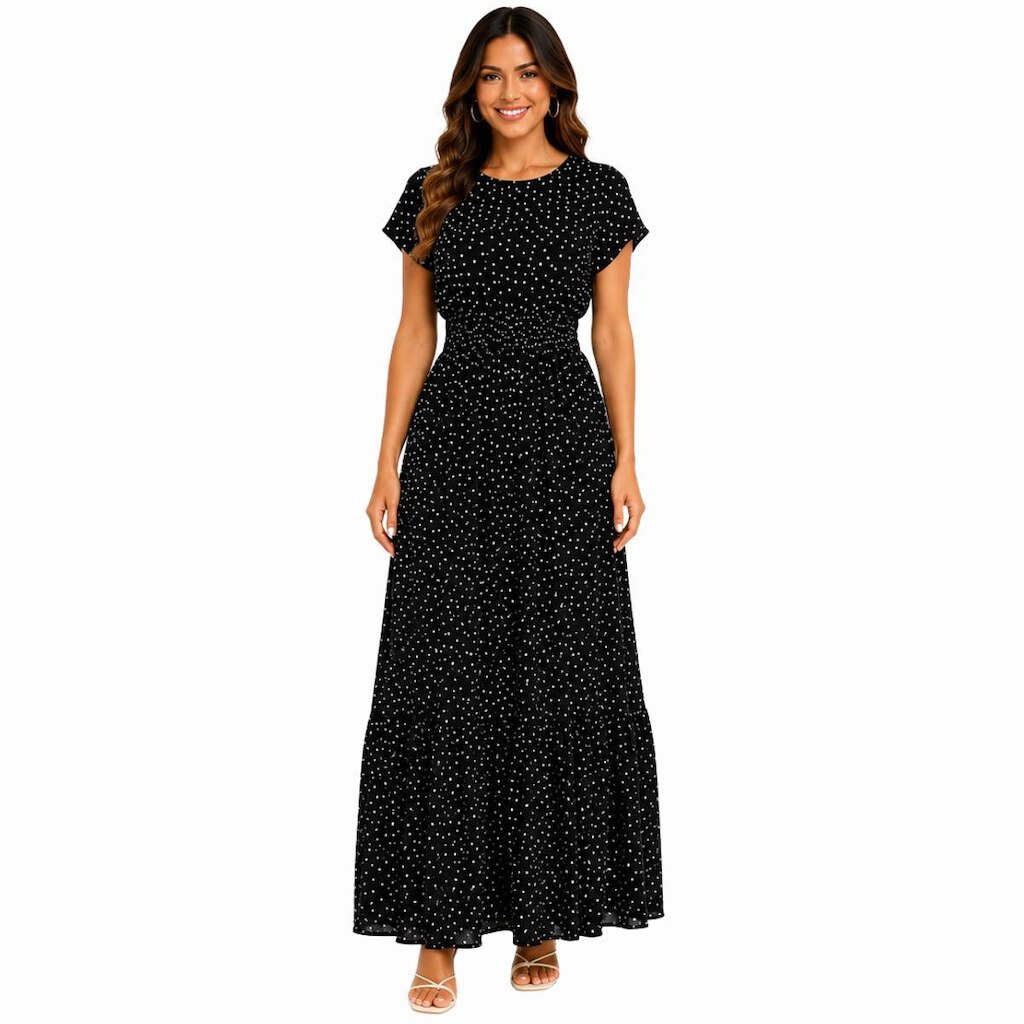 Vestido Feminino Longo Poá com Lastex Manga Curta e Babado