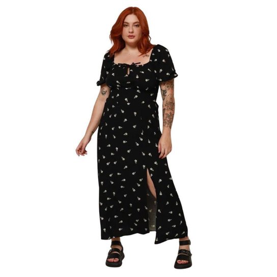 Vestido Feminino Midi Romântico Viscose Floral com Manga Bufante Verão