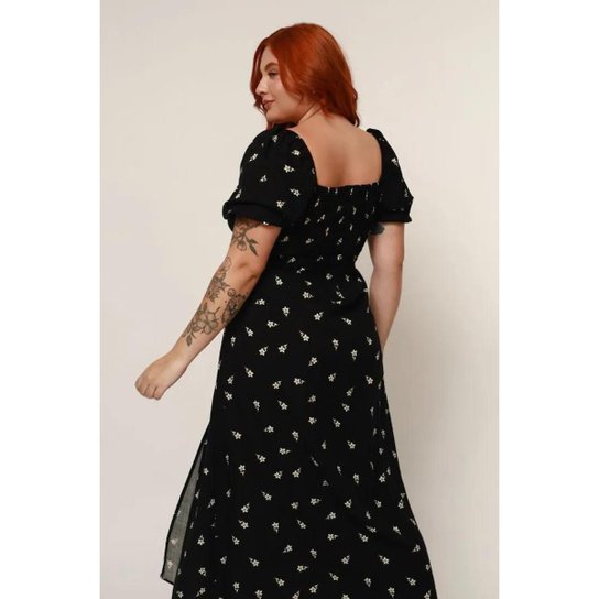 Vestido Feminino Midi Romântico Viscose Floral com Manga Bufante Verão