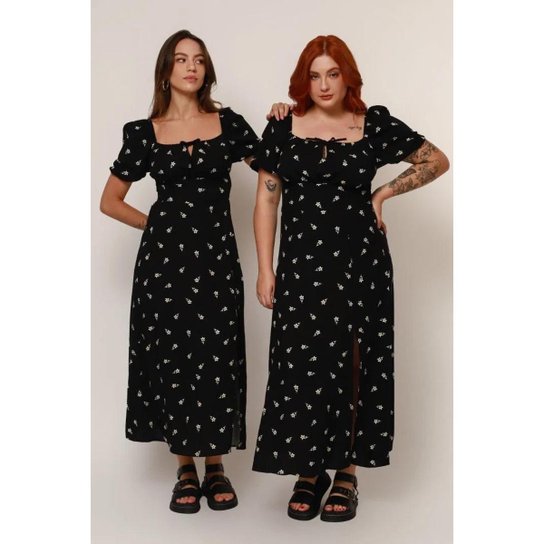 Vestido Feminino Midi Romântico Viscose Floral com Manga Bufante Verão