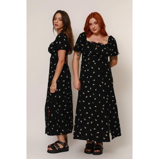 Vestido Feminino Midi Romântico Viscose Floral com Manga Bufante Verão
