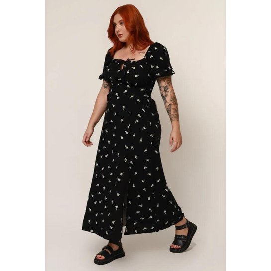 Vestido Feminino Midi Romântico Viscose Floral com Manga Bufante Verão