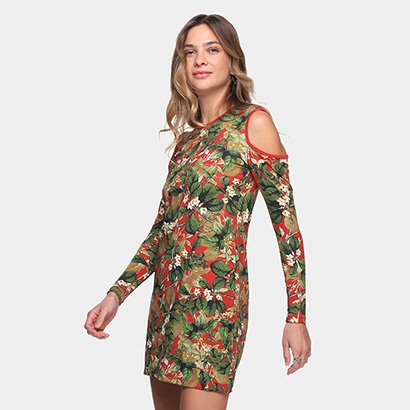 Vestido Flora Zuu Open Shoulder Folhagem - Feminino