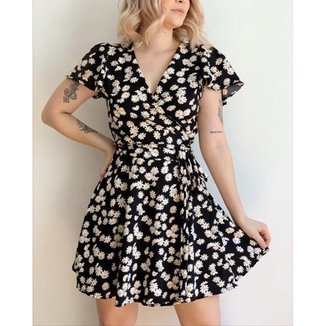 Vestido Floral Spring Preto Feminino Adulto Soltinho Manga Curta