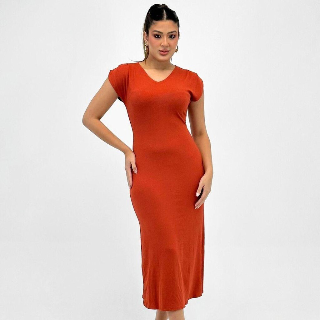 Vestido Formitz Midi Canelado Manga Curta Feminino