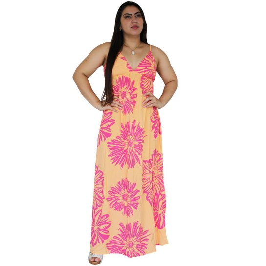 Vestido Hering Feminino Longo Estampado Laranja HALE1CEN