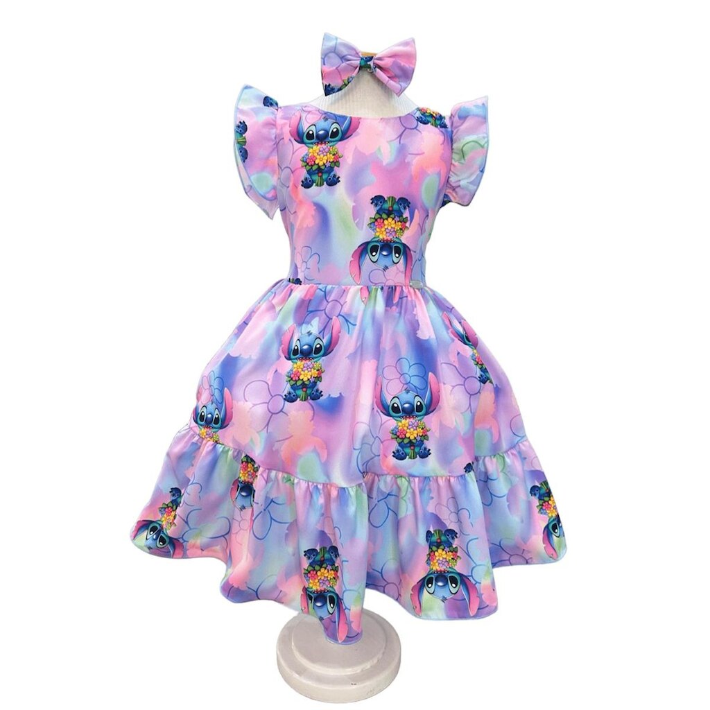 Vestido Infantil Lilo Stitch e Angel Com Laço Feminino