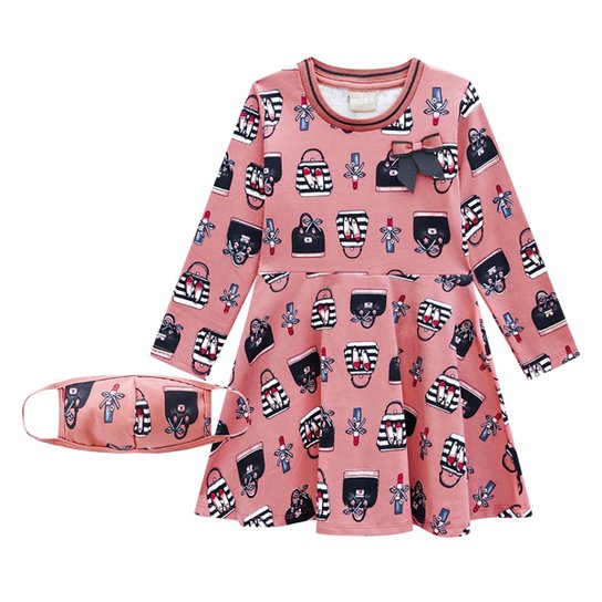Vestido Infantil Milon Estampado Manga Longa - Rosa Menor preço em Vestido Infantil Milon Estampado Manga Longa - Rosa