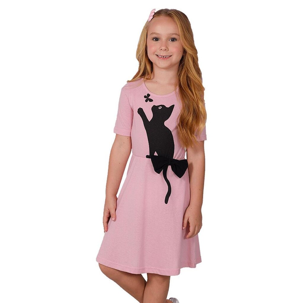 Vestido Infantil Rosa Gatinho com Laço - Destak