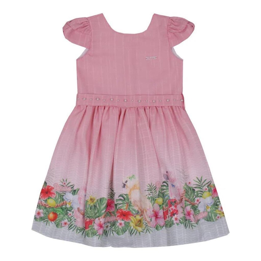 Vestido Infantil Verão Com Cinto Em Pérolas Tropical Tam 2 a 4 - Paraíso