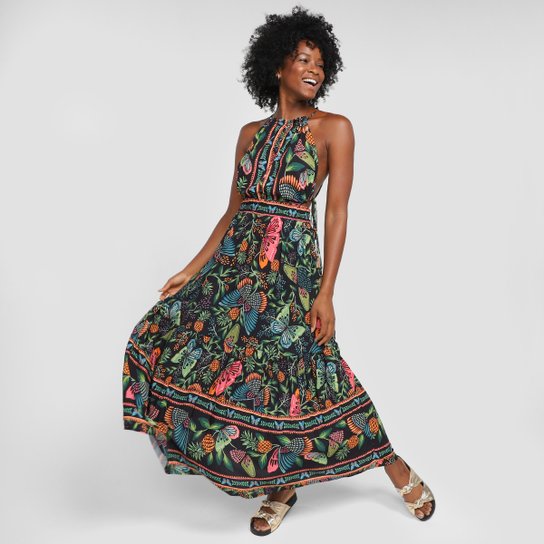 Vestido Longo Cropped Farm Borboletário - Verde+Rosa Menor preço em Vestido Longo Cropped Farm Borboletário - Verde+Rosa