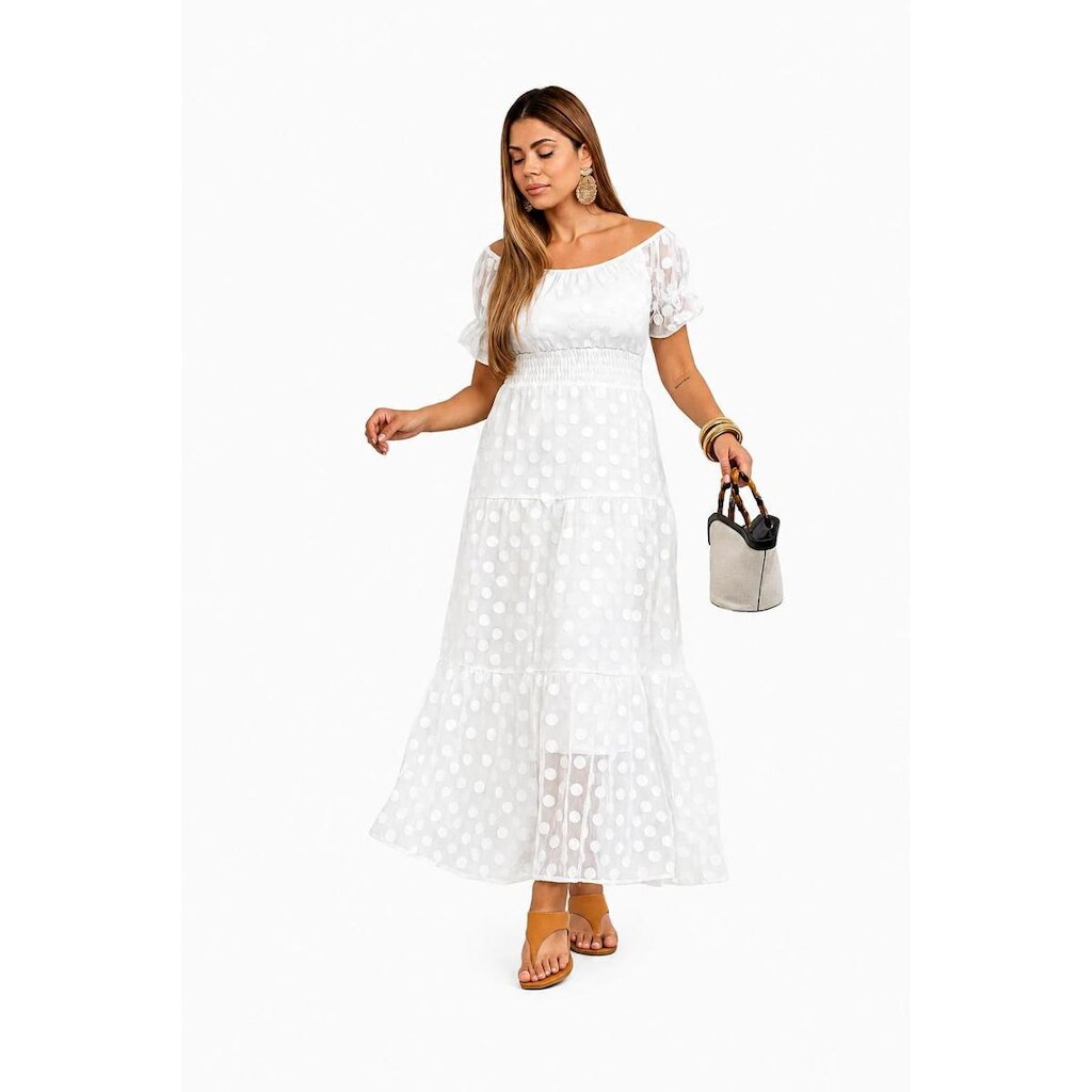 Vestido Longo D Bell Outlet Poá Branco