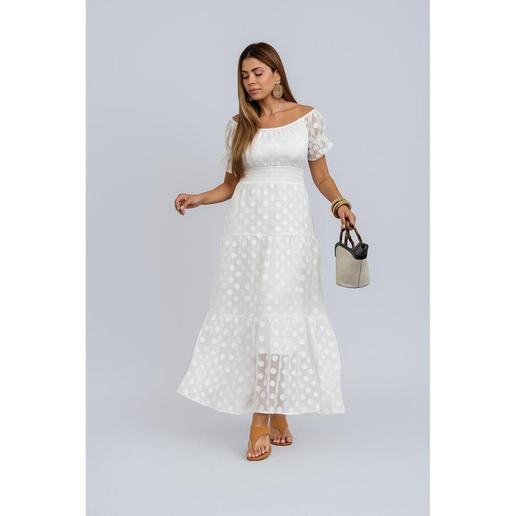 Vestido Longo D Bell Poá Branco