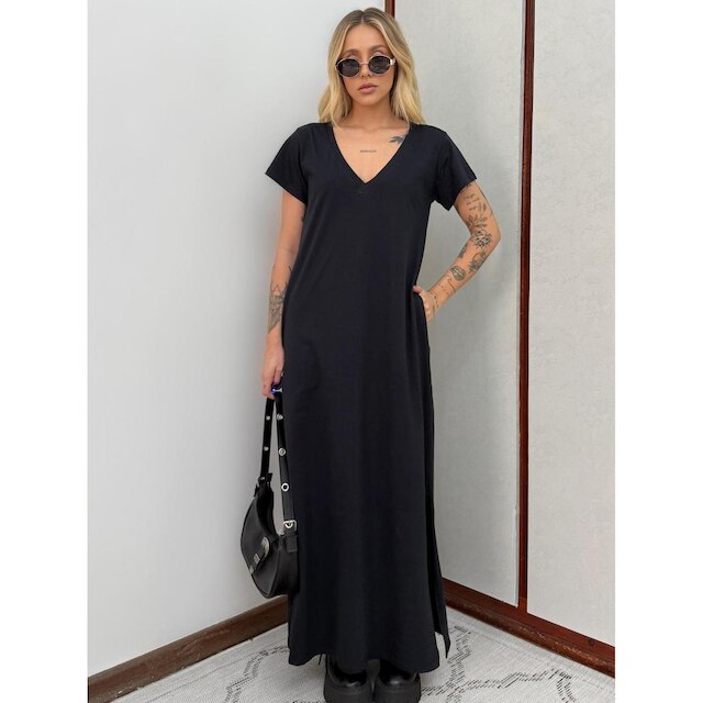 Vestido Longo de Algodão com Bolso Decote V Preto