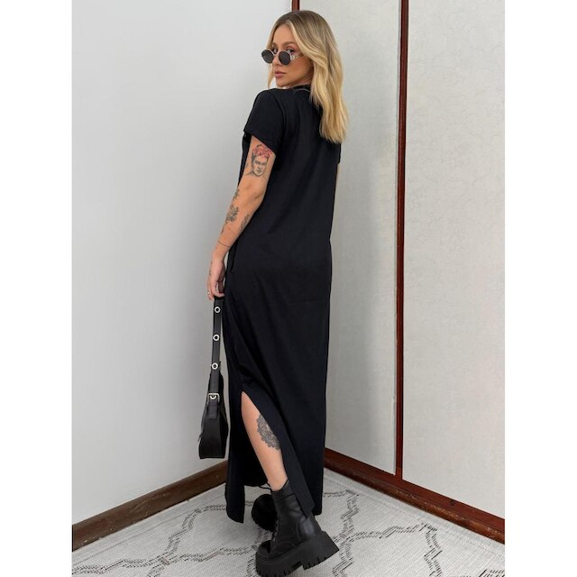 Vestido Longo de Algodão com Bolso Decote V Preto
