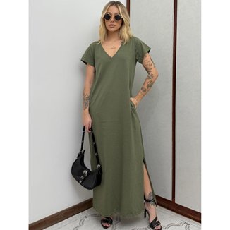 Vestido Longo de Algodão com Bolso Decote V Verde Oliva