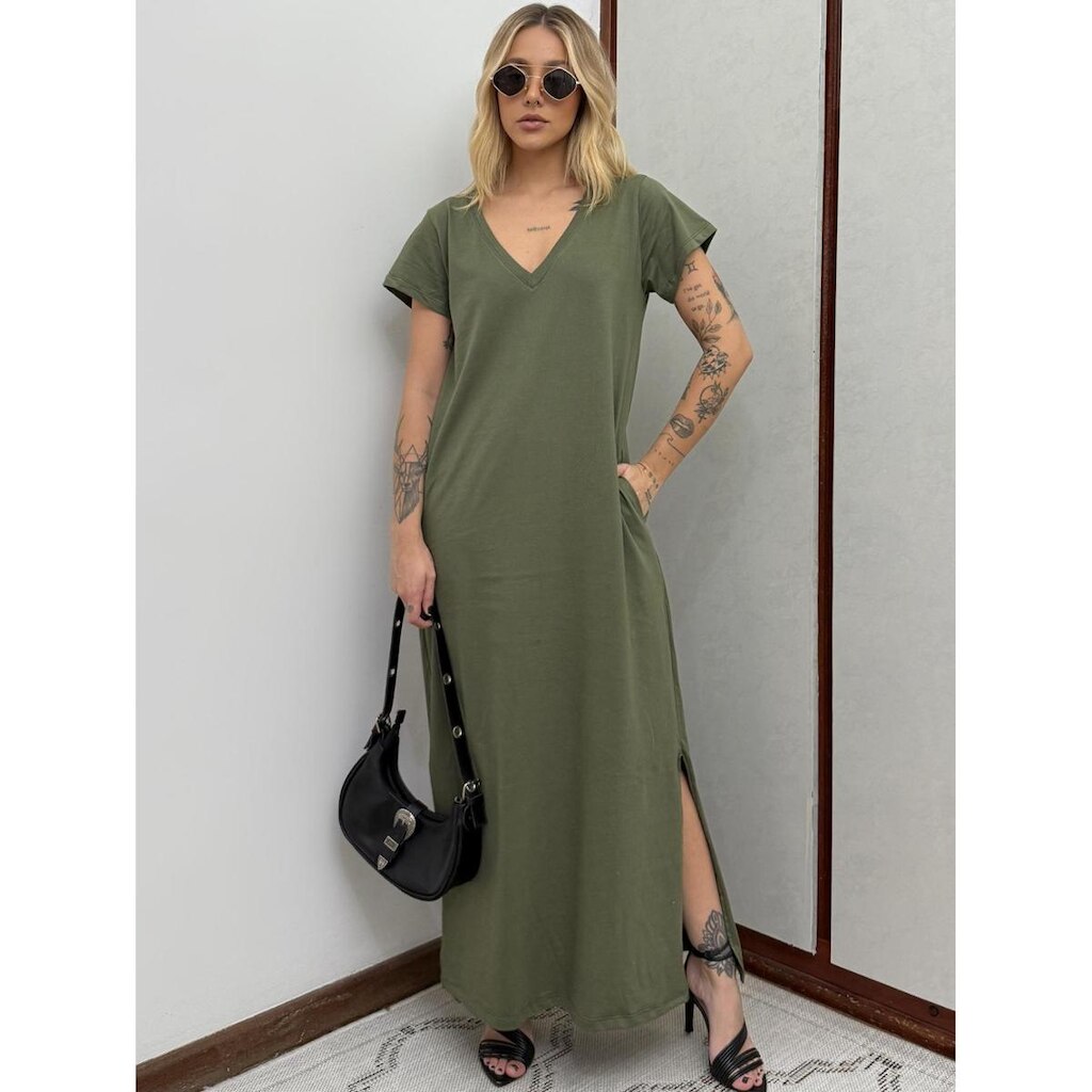 Vestido Longo de Algodão com Bolso Decote V Verde Oliva