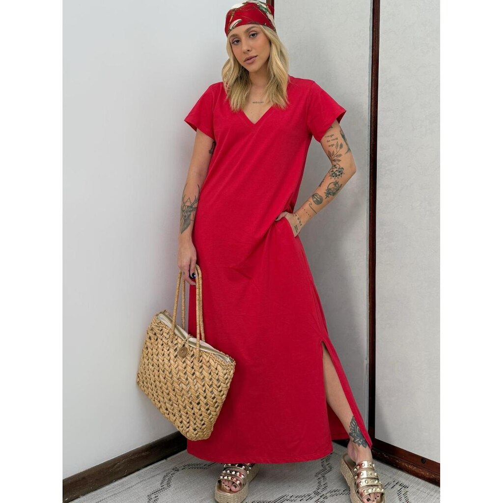 Vestido Longo de Algodão com Bolso Decote V Vermelho