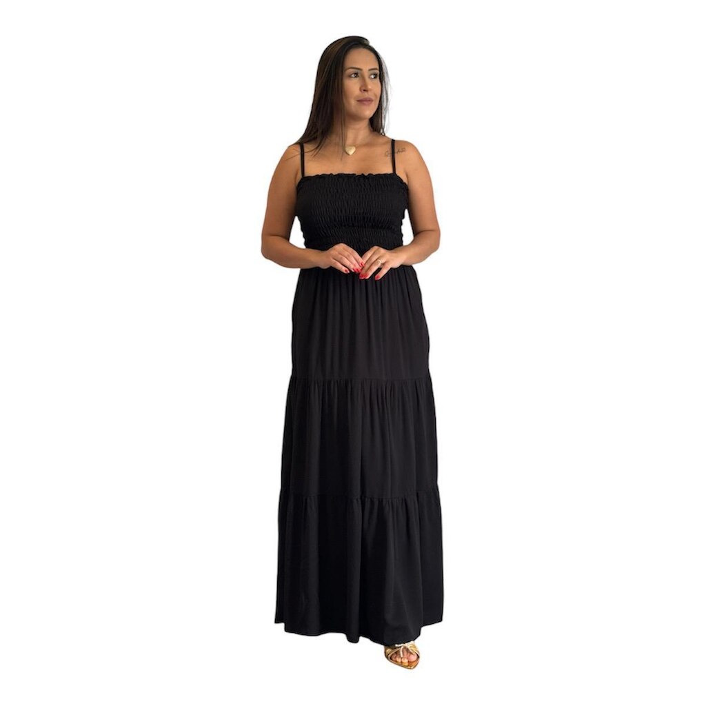 VESTIDO LONGO EM VISCOSE, POSSUI LASTEQUE NO BUSTO